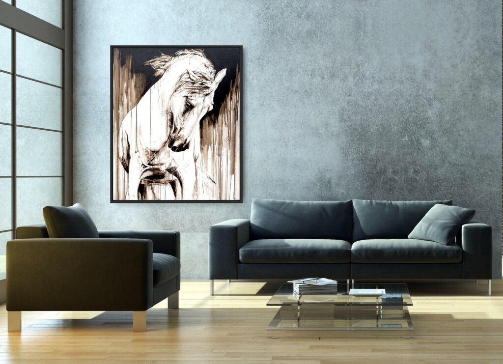Sepia black and white horse painting in modern living room