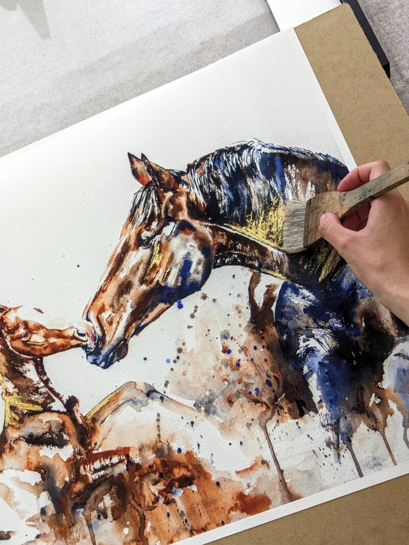 fine art print mother and foal hand embellished gold inlay